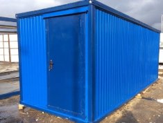 Бытовка синяя с торцевым входом, обшивка ДВП Бытовка синяя с торцевым входом, обшивка ДВП